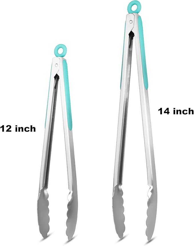 304 Stainless Steel Kitchen Cooking Tongs, 12" and 14" Set of 2 Sturdy Grilling Barbeque Brushed Locking Food Tongs with Ergonomic Grip, Aqua Sky - Image 4