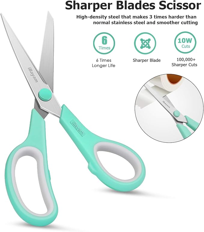 Scissors, iBayam 8" All Purpose Scissors Bulk 3-Pack, Ultra Sharp 2.5mm Thick Blade Shears Comfort-Grip for Office Desk Accessories Sewing Fabric Home Craft Teacher School Supplies, Right/Left Handed - Image 4
