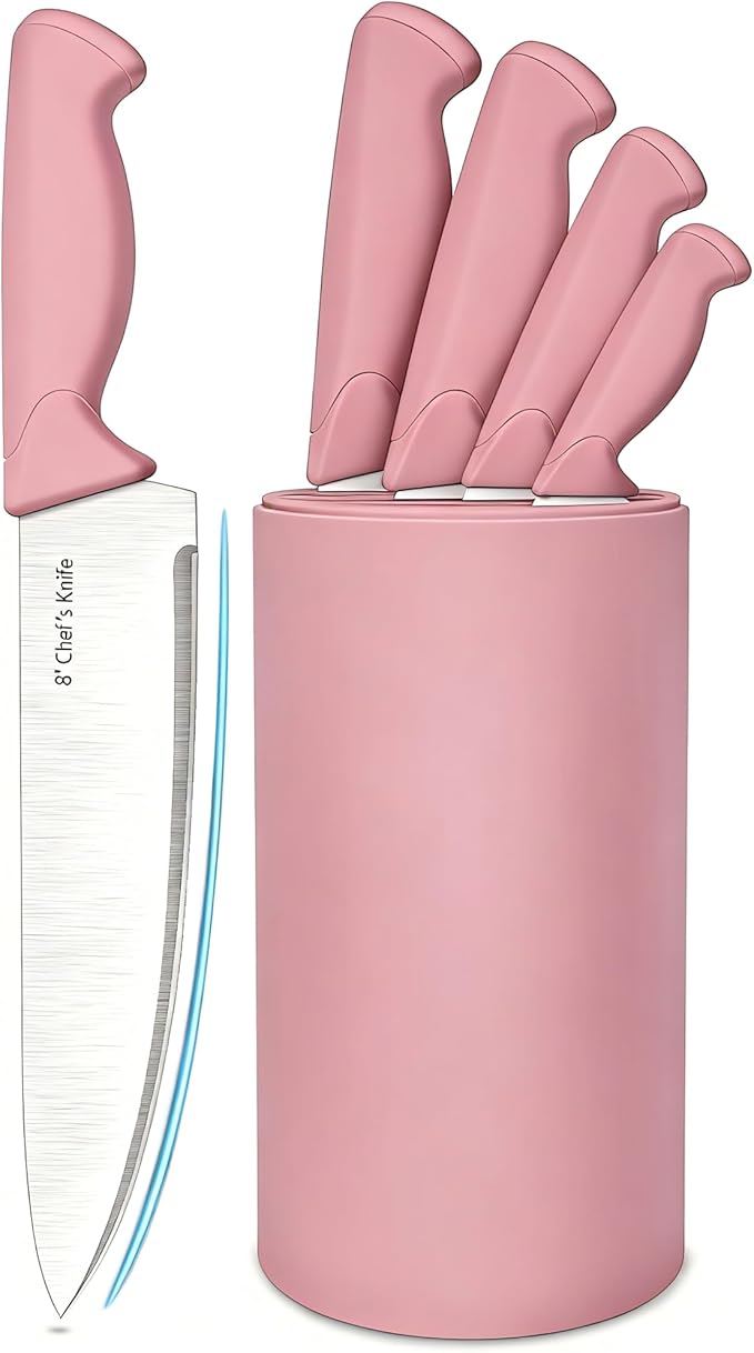 Knife Set, 6-Piece Kitchen Knife Set, German High Carbon Stainless Steel, Durable & Easy Clean Knife Block, Peach Pink by Unknown