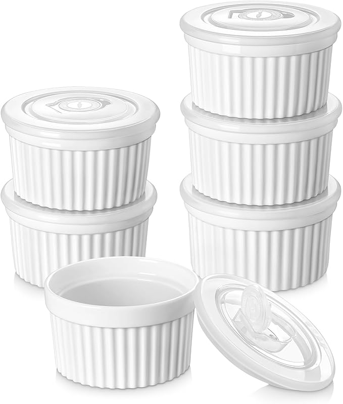 vancasso 10 oz Ramekins with Lid, Porcelain Creme Brulee Souffle Dishes, White Pudding Custard Cups Ramiken for Baking, Dishwasher and Oven Safe, Set of 6 by vancasso