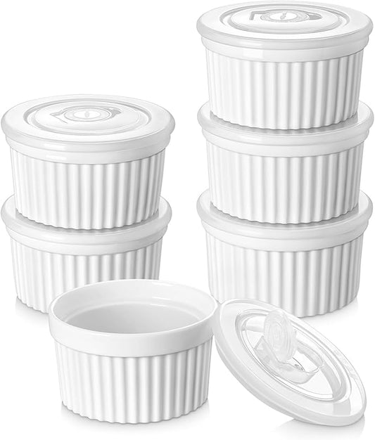 vancasso 10 oz Ramekins with Lid, Porcelain Creme Brulee Souffle Dishes, White Pudding Custard Cups Ramiken for Baking, Dishwasher and Oven Safe, Set of 6 by vancasso