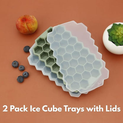 2 Pack Small Silicone Ice Cube Trays for Freezer with Lids, Emptycolor Honeycomb Ice Molds, Easy-Release Reusable Ice Maker Tray for Drinks, Coffee, Whiskey, Round & Pebble Ice Cubes, Blue Green