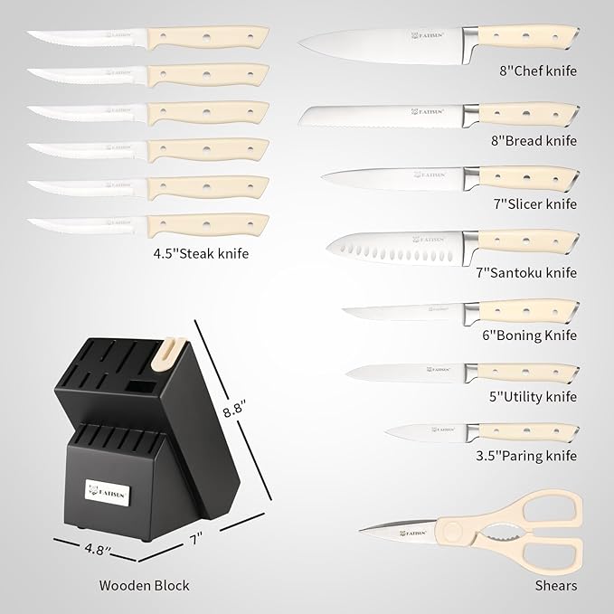 16 Pieces German Steel Knife Block Set, Extra-Long Creamy White Handles for Large Hands & Better Leverage, Professional Kitchen Knife Set with Sharpener & Shears, Modern Black Block - Image 2