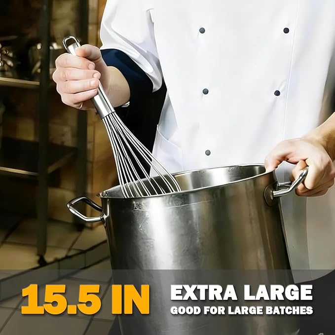 18/10 Stainless Steel Large Whisk Set of 2, 15.5 inch Heavy Duty Long Whisk and 12 inch Whisks, Suitable for Deep Pots or Big Bowl, Mixing, Beating, Blending - Image 2