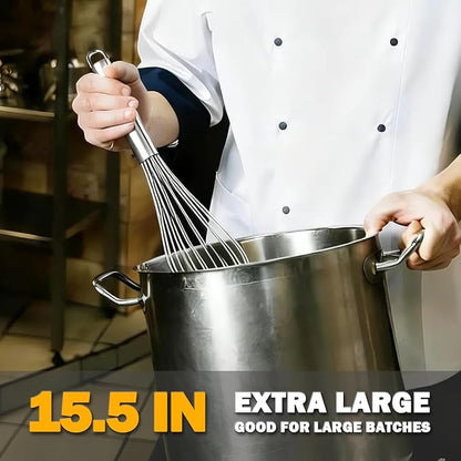 18/10 Stainless Steel Large Whisk Set of 2, 15.5 inch Heavy Duty Long Whisk and 12 inch Whisks, Suitable for Deep Pots or Big Bowl, Mixing, Beating, Blending - Image 2