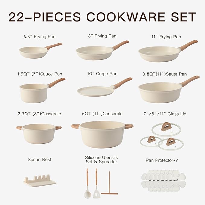Pots and Pans Set Non Stick Non-Toxic 22 Pcs Ceramic Cookware Sets Nonstick Kitchen Pot&Pan With Lid Cream White Granite Induction Compatible with Glass Lids Crepe Frying Pan PFOA/PFOS-Free - Image 8
