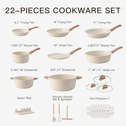 Pots and Pans Set Non Stick Non-Toxic 22 Pcs Ceramic Cookware Sets Nonstick Kitchen Pot&Pan With Lid Cream White Granite Induction Compatible with Glass Lids Crepe Frying Pan PFOA/PFOS-Free - Image 8