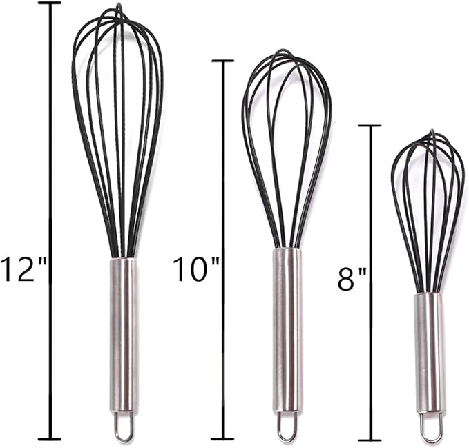 Silicone Whisk set of 3, 8+10+12in Kitchen Balloon Wire Whisks, Hand Egg Mixer Beater for Cooking