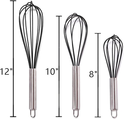 Silicone Whisk set of 3, 8+10+12in Kitchen Balloon Wire Whisks, Hand Egg Mixer Beater for Cooking