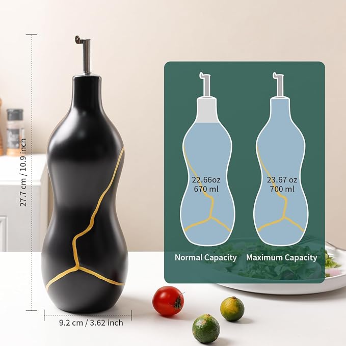 BosilunLife Ceramic Olive Oil Dispenser Bottle, 14 Oz Oil Cruet with Elegant Gold Accent & Curved Ergonomic Design, Non‑Drip Vinegar Bottle for Kitchen & Dining, Black