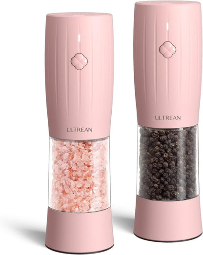 Ultrean Electric Salt and Pepper Grinder Set, USB-C Rechargeable, Salt and Pepper Shakers Spice Mill with 6 Adjustable Coarseness LED Light Larger Capacity, Kitchen Gadget, Gift for Women Mom, Pink