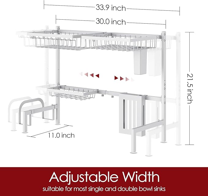 Sakugi Over The Sink Dish Drying Rack - Adjustable 2 Tier Large Capacity Stainless Steel Drainer with Cutlery & Utensil Holders, Kitchen Storage & Organization, 30"-33.9" L x 11" W x 21.5" H, White - Image 3