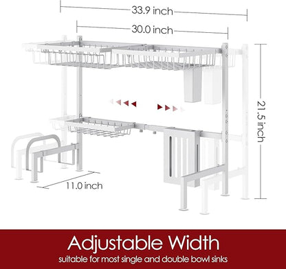 Sakugi Over The Sink Dish Drying Rack - Adjustable 2 Tier Large Capacity Stainless Steel Drainer with Cutlery & Utensil Holders, Kitchen Storage & Organization, 30"-33.9" L x 11" W x 21.5" H, White - Image 3