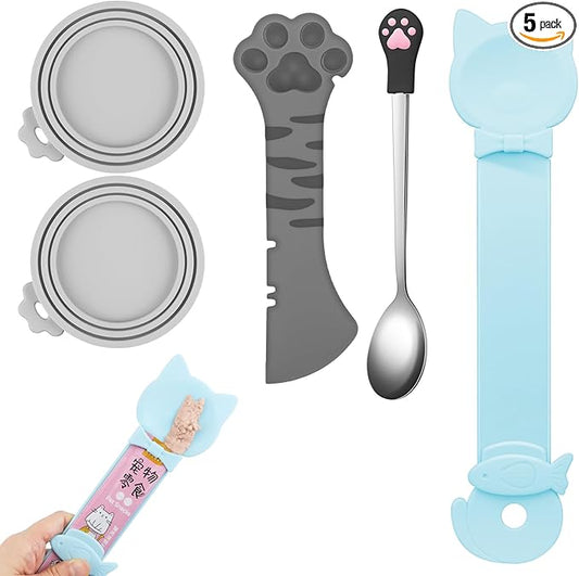 5 PCS Cat Food Can Covers Lids Set, Silicone Pet Food Can Lids with Multi-Function Cat Food Spoon and Opener, Cat Bar Squeezer, Stainless Steel Wet Food Spoon for Cats and Dogs (Pink) (Grey)