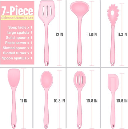 E-far Silicone Cooking Utensils Set, 7-Piece Pink Heat Resistant Kitchen Utensils Set, Kitchen Nonstick Tools Spatula Ladle Spoon Pasta Server for Non-stick Cookware, Non-Toxic & Dishwasher safe - Image 2