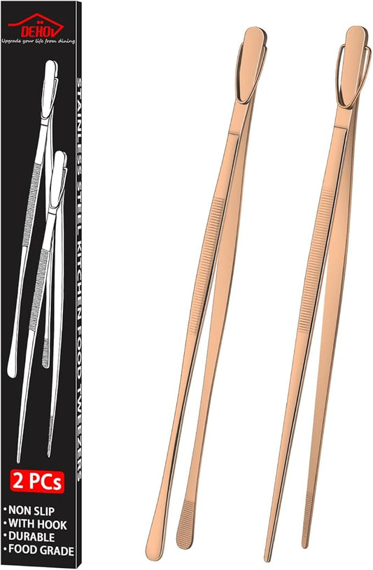DEHOV 12 Inch Stainless Steel Kitchen Tongs For Cooking Tweezers, Rose Gold Metal Long Food Tweezers, BBQ Grilling Tongs For Spaghetti