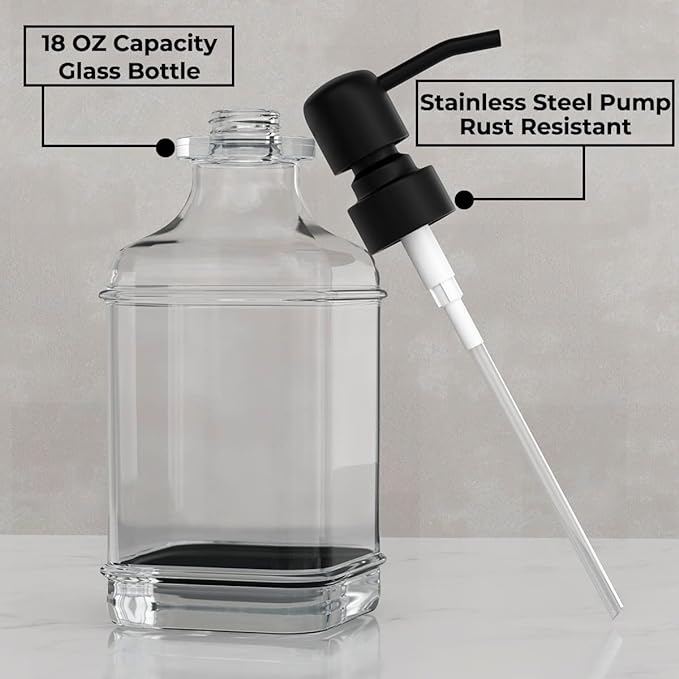 GLADPURE 2 Pack Soap Dispenser, 18 Oz Antique Design Thick Glass Hand Dispensers; with 304 Rust Proof Stainless Steel Pump, 6Pcs Clear Stickers, for Kitchen, Bathroom- Black - Image 2