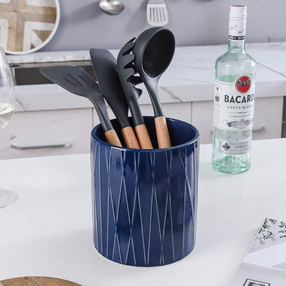 KOOV Kitchen Utensil Holder, Large Ceramic Utensil Crock, Deep and Stable, Containers for Household or Kitchen Use (Aegean)