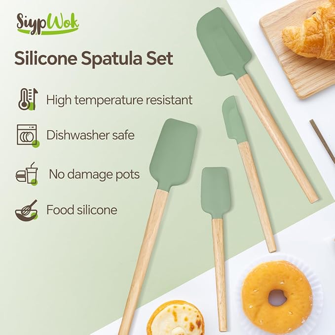 Silicone Spatula Set, Food Grade Rubber Spatula-4 Piece Nonstick Rubber Spatulas, Spoonula, Jar Scraper for Cooking, Baking, Mixing, Frosting - Heat Resistant Up to 600°F (4 Pcs Spatula Green) - Image 5