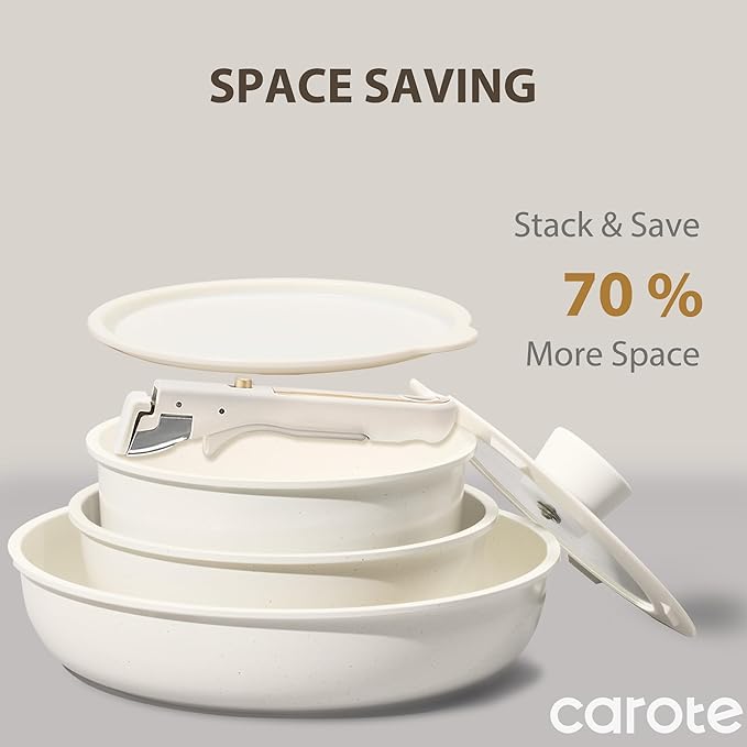 CAROTE 6pcs Pots and Pans Set Non Stick, Cookware Sets, Kitchen Set, Oven/Fridge Safe, Space Saving Pots Set, Nonstick Cooking Set with Versatile Detachable Handle, Induction RV Set - Image 5