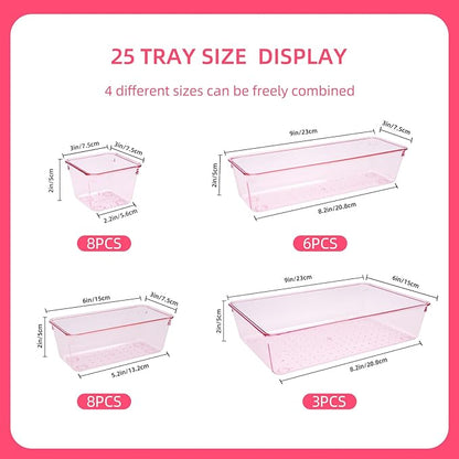 Kitchen Desk Drawer Organizers Storage for Office, Small Acrylic Vanity Trays Makeup Organizer for Drawer Bathroom Plastic Make up Organizers 25 Pcs Pink