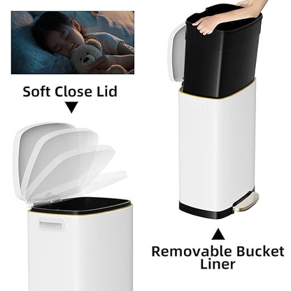 KdbK 13 Gallon Trash Can with Lid, 50L Fingerprint Proof Stainless Steel Kitchen Trash Can with Removable Inner Bucket and Lid Soft Close, Pedal Rubbish Bin for Home Office, White - Image 3