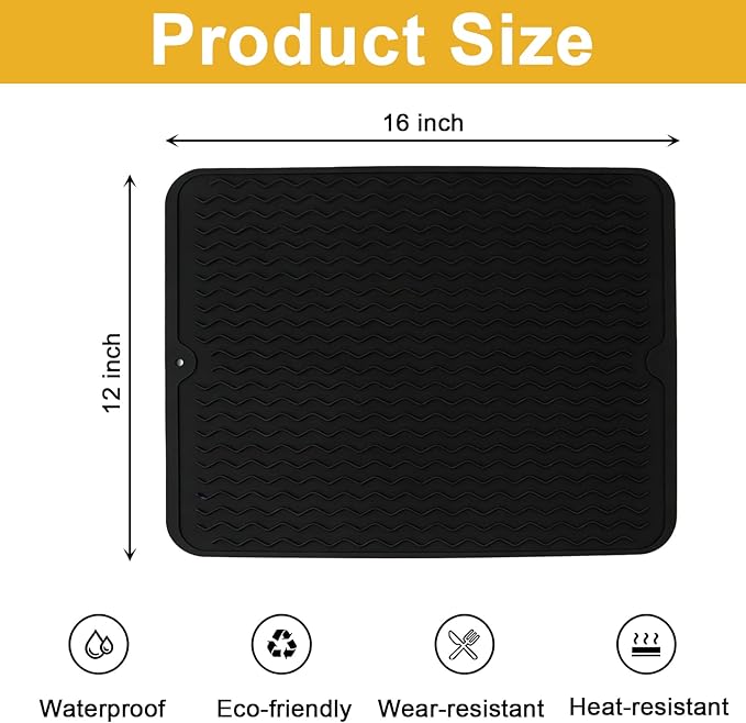 Silicone Dish Drying Mat for Kitchen Counter Eco-Friendly Fast Dry Dish Mat Easy Clean Multi Usage Drying Matt Heat Resistant Trivet Fits Under Rack, Black 12" x 16"