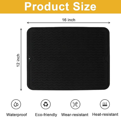 Silicone Dish Drying Mat for Kitchen Counter Eco-Friendly Fast Dry Dish Mat Easy Clean Multi Usage Drying Matt Heat Resistant Trivet Fits Under Rack, Black 12" x 16"