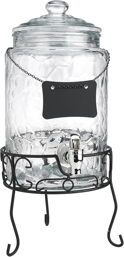 2 PACK 1.5 Gallon Drink dispenser, Classic Hammered Glass Beverage Dispenser With Elegant Stand, Drink Dispensers for Parties With Spigot 100% Leakproof. Perfect For Parties And Daily Use