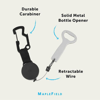 Maplefield Retractable Bottle Opener - Pack of 2, Silver & Black - Carabiner Clip & Bottle Opener Attachment for Cooler - Stainless Steel Construction - Retractable Wire Cord for Quick Access