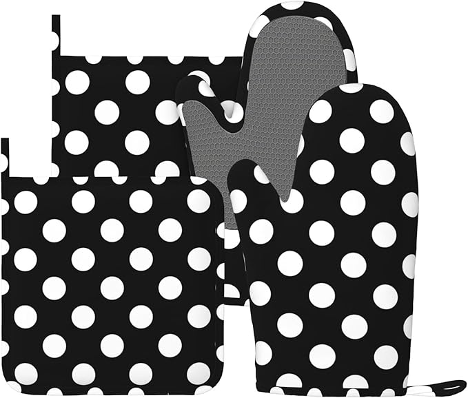 Black White Retro Polka Dot Oven Mitts and Pot Holders Sets of 4, Heat Resistant Silicone Oven Mittens and Potholders Gloves Hot Pads for Kitchen Cooking Baking Grilling BBQ Chef by Echoserein