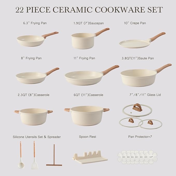 22 Pcs Pots and Pans Set Non Stick Non-Toxic Ceramic Kitchen Cookware Sets Nonstick Pot&Pan With Lid Cream White Granite Induction Compatible with Glass Lids Crepe - Image 5