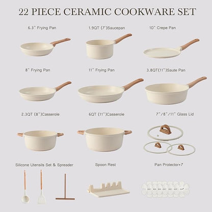 22 Pcs Pots and Pans Set Non Stick Non-Toxic Ceramic Kitchen Cookware Sets Nonstick Pot&Pan With Lid Cream White Granite Induction Compatible with Glass Lids Crepe - Image 5