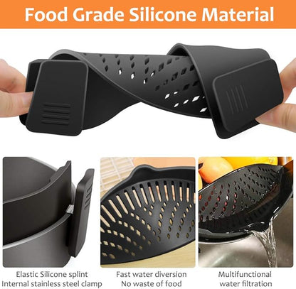 YEVIOR Clip on Strainer for Pots Pan Pasta Strainer, Silicone Food Strainer Hands-Free Pan Strainer, Clip-on Kitchen Food Strainer for Spaghetti, Pasta, Ground Beef Fits All Bowls and Pots (Black) - Image 4