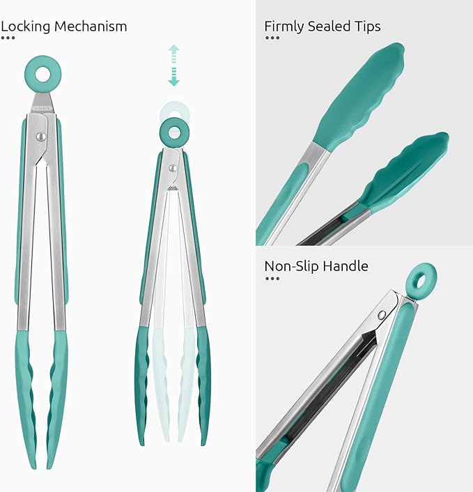 600ºF Heat Resistant Kitchen Tongs: U-Taste 9 inch Silicone Cooking Tong with Firm Sealed Non Stick Rubber Tips & Silicon Coated 18/8 Stainless Steel Handle & Smooth Locking for Serving Salad-Aqua Sky - Image 6
