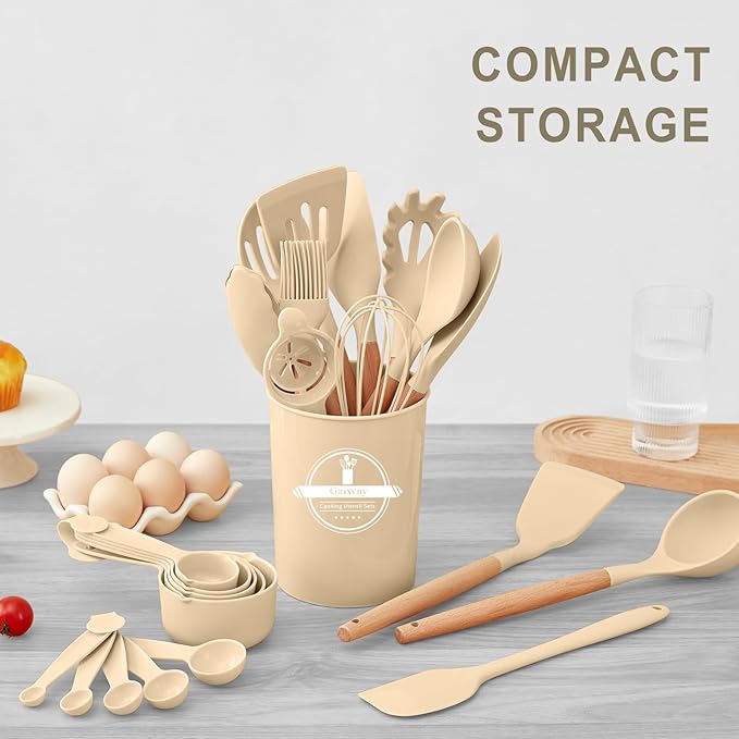 Kitchen Utensils Set - 34 PCS Non-Stick Silicone Cooking Utensils Set Spatula Set with Holder, Wooden Handle Spoon,Brush,Whisk Kitchen Gadgets Tools Set for Nonstick Cookware (Khaki-34P) - Image 8