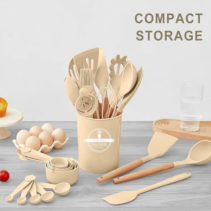 Kitchen Utensils Set - 34 PCS Non-Stick Silicone Cooking Utensils Set Spatula Set with Holder, Wooden Handle Spoon,Brush,Whisk Kitchen Gadgets Tools Set for Nonstick Cookware (Khaki-34P) - Image 8