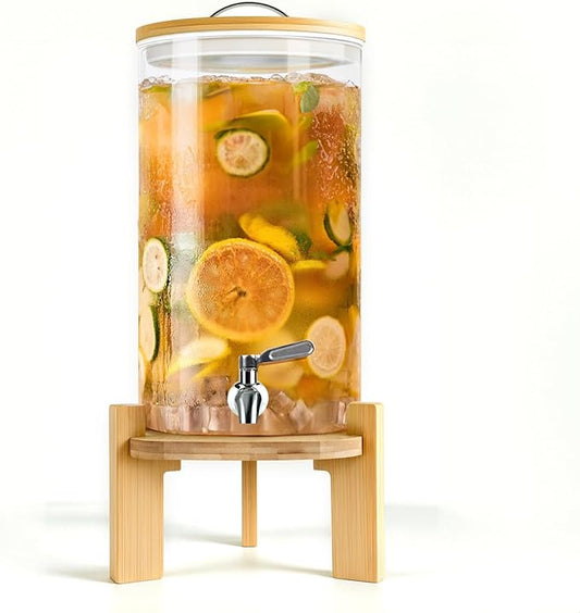 Beverage Dispenser 2.9 Gallon, Glass Drink Dispenser with Stand, Drink Dispensers for Parties, Beverage Dispenser with Wood Stand, Stainless Steel Spigot, for Parties,Bars,Restaurants (2.9 Gallons)