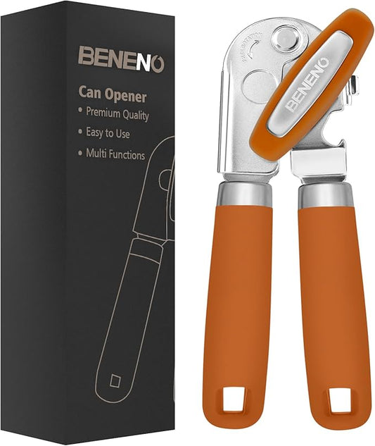 Beneno Heavy Duty Hand Can Opener Manual with Magnet, Durable Sharp Carbon Steel Blade Smooth Cutting, Big Effort-Saving Knob, Soft Grip Handle, Multifunctional Kitchen Tool with Bottle Opener, Orange by Beneno