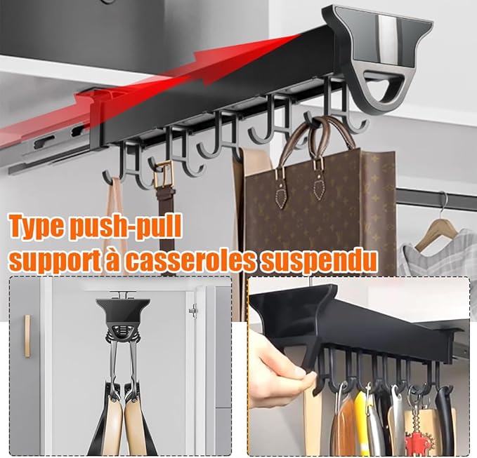 Pull Out Pot Rack, 22" Pull Out Pots and Pans Organizer with 16 Hook, Aluminum Alloy Hanging Pot Rack, Expandable Utility Rack, Sliding Under Cabinet Organization for Kitchen, Cabinet, Closet