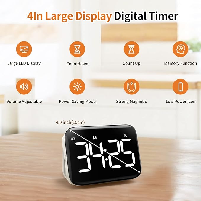 VOCOO Magnetic Kitchen Timer for Cooking with Count Up Countdown, Digital Timer Battery Powered with Large Display, 2 Brightness and Volume Levels for Classroom, Teacher, Kids - Image 2