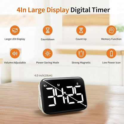 VOCOO Magnetic Kitchen Timer for Cooking with Count Up Countdown, Digital Timer Battery Powered with Large Display, 2 Brightness and Volume Levels for Classroom, Teacher, Kids - Image 2