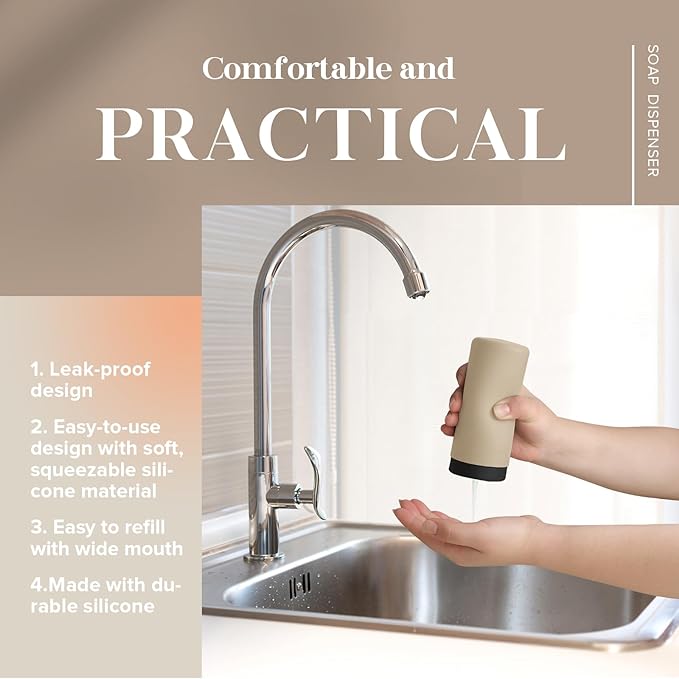 ElmRidge Dish Soap Silicone Dispenser for Kitchen Sink,Squeeze Washing Up Liquid and Hand Soap,Round refillable Silicone Bottles,Easy to Fill and to use, 8.5 oz,Black 2.4 x 2.4 x 5.5 inches (Taupe) - Image 7