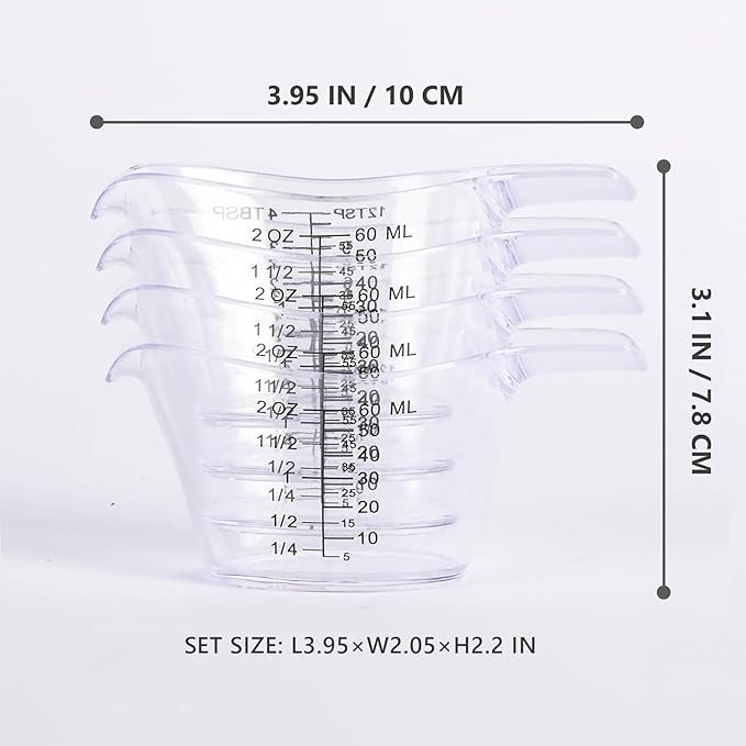 4 Pack Small Measuring Cups, 2oz/60ml Mini Measuring Cup with tsp/Tbsp/oz/ml Markings, Clear Easy-Read Scale for Kitchen, Resin, DIY, Beauty Mixing (4)