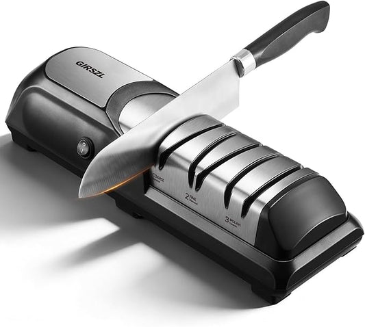 Kitchen Professional Electric Knife Sharpener: 3-Stage 100% Diamond Abrasives Knife Sharpeners with 15° Precision Angle Electric Steel Sharpening Tool to Restore/Polish Chef Knives by GIRSZL