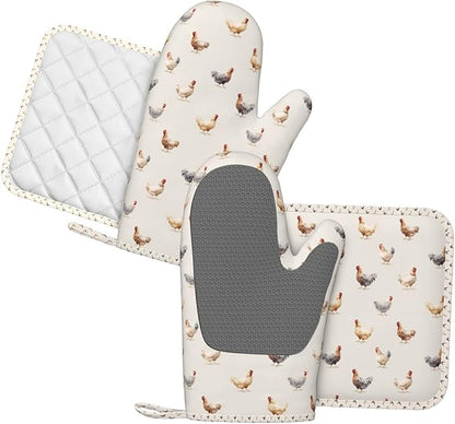 Oven Mitts and Pot Holders Set, Chicken Pattern Silicone Kitchen Accessories 4 Piece Heat Resistant Long Gloves Potholder Non-Slip Grip for Chef Cooking Baking Grilling BBQ