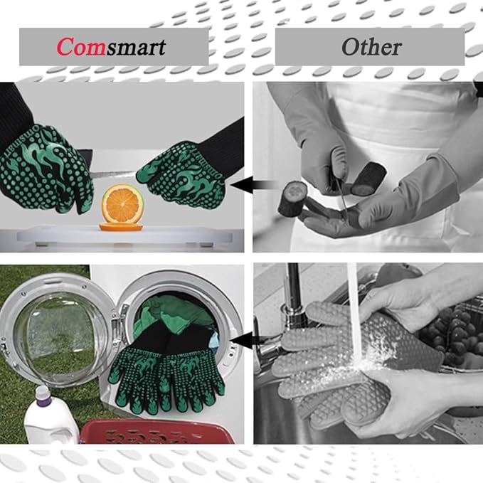 Comsmart BBQ Gloves, 1472°F Heat Resistant Grilling Gloves Silicone Non-Slip Oven Gloves Long Kitchen Gloves for Barbecue, Cooking, Baking, Short, Green - Image 5