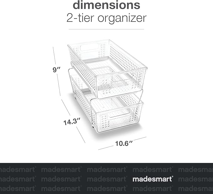 madesmart 2 Tier Organizer, Under Cabinet Storage with Pull Out Sliding Drawers, for Cleaning Supplies, Undersink Storage, Sponges, Bottles & Bath, Adjustable Dividers & Pull Out Baskets, Clear - Image 3