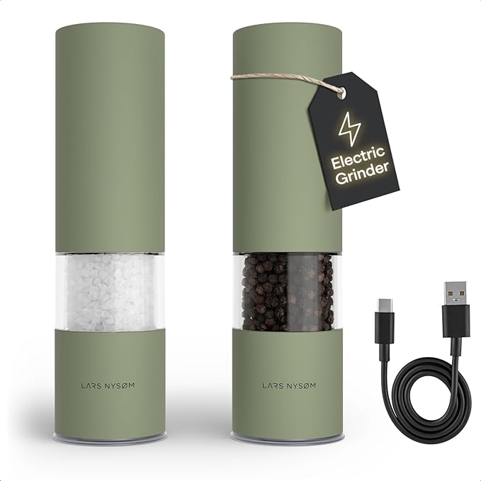 LARS NYSØM Electric Salt and Pepper Grinder Set I Automatic Salt and Pepper Mills with Adjustable Ceramic Grinder I USB Rechargeable Electric Spice Mill Set with LED Light (Sage Green) by LN