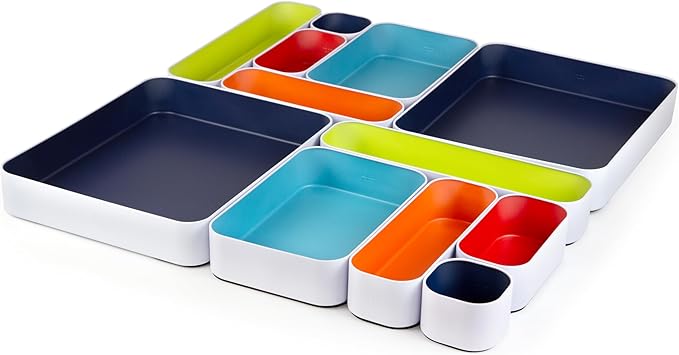 Three by Three Seattle 12 Piece Metal Organizer Tray Set for Storing Makeup, Stationery, Utensils, and More in Office Desk, Kitchen and Bathroom Drawers (Classic Colors) by ThreebyThreeSeattle